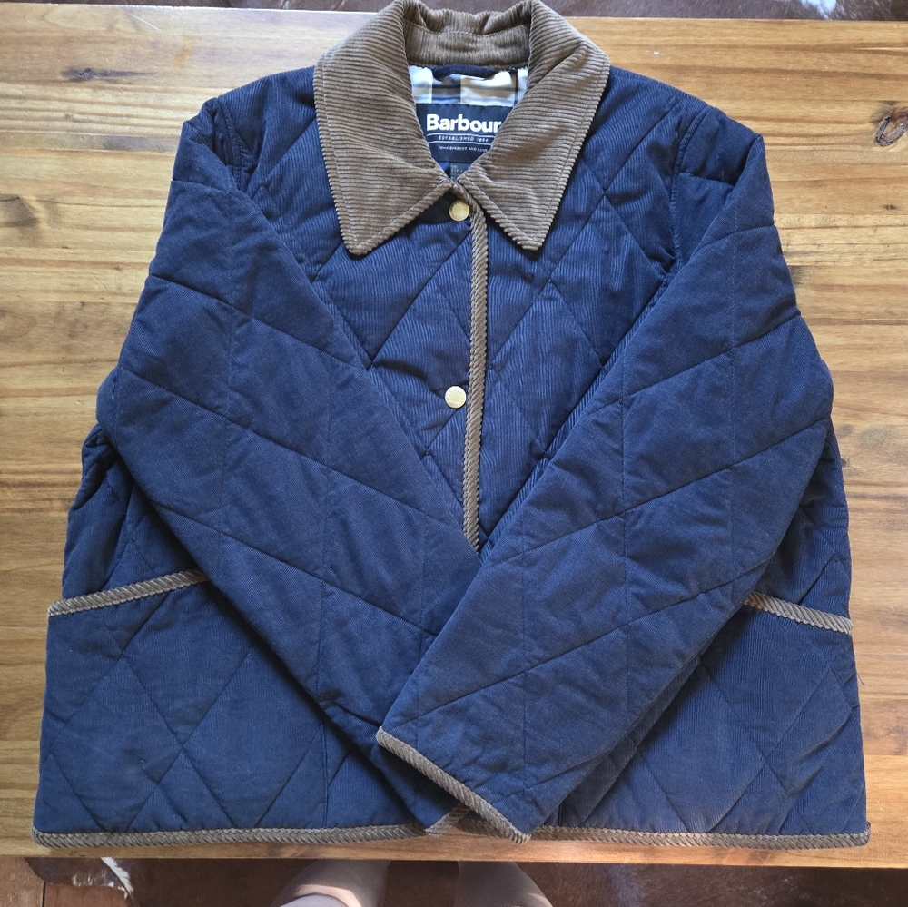 Barbour Navy Quilted Jacket with Brown Corduroy Collar - Picture 4 of 6